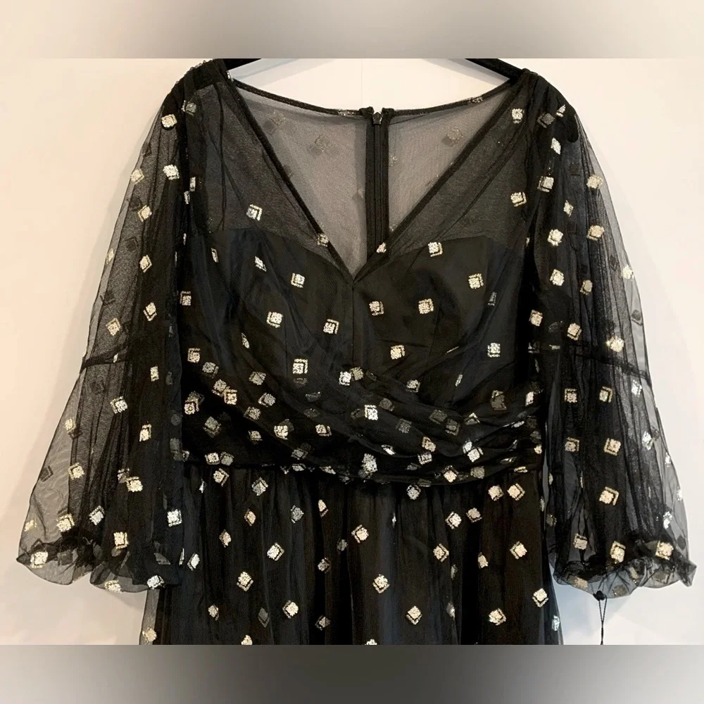 NWT, Adrianna Papell "Glitter Tulle Long Dress" in Black w/ Puff Sleeve, Size 8 - Picture 5 of 12